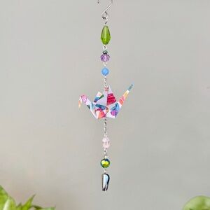 Origami Ornament #2385 - Small Crane with Glass Beads